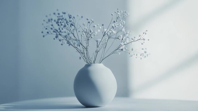 Minimalist still life with a round white ceramic vase holding delicate gypsophila branches, soft light and gentle shadows on a clean white wall and table, serene calm