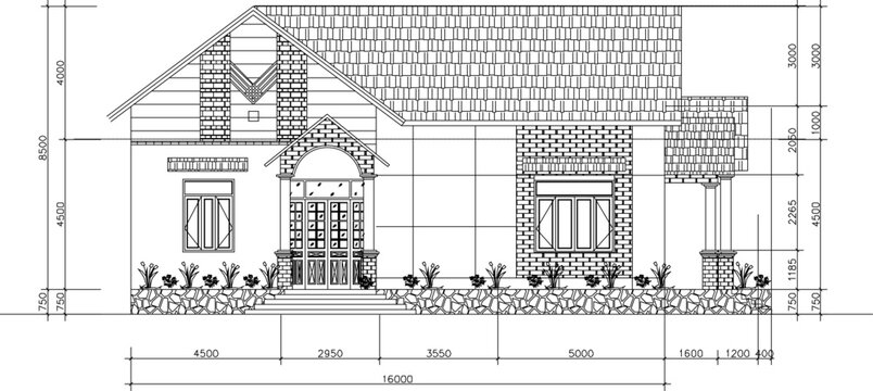 Vector sketch illustration silhouette design architectural engineering drawing view of a simple house building facade with interior and scale size