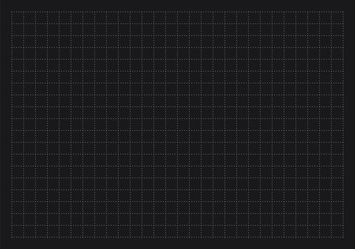 Grid pattern on black paper, blueprint texture A3, A4 for notes, school print, draw. Grid black paper mockup with line and dot, vector illustration.