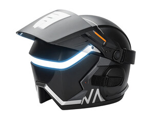 Fototapeta premium Futuristic black helmet with glowing blue visor and angular accents