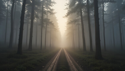 Obraz premium Mist Shrouded Forest With Dirt Road Vanishing Into Foggy Woods