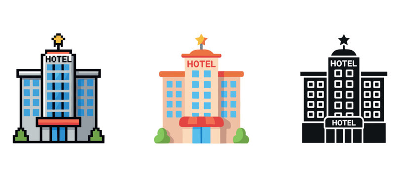 Colorful hotel building illustrations set featuring iconic designs