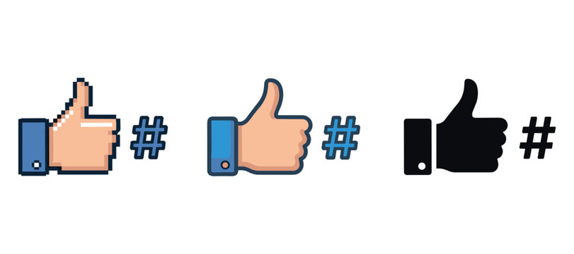 Thumbs up icons with hashtags in pixel, flat, and silhouette styles