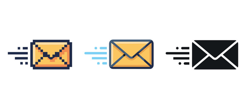Pixelated, flat, and outline email icons illustrating different design styles