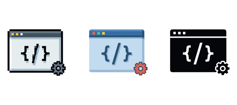 Set of browser window icon variations with code brackets and gear symbol