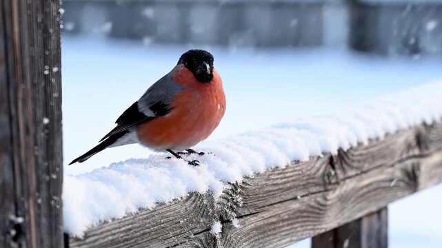 Bullfinch bird perching on a snow-covered wooden fence for a serene winter wildlife concept and cold season beauty