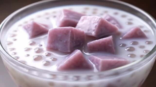 Close-up of traditional Asian Taro Sago Dessert (Ch&egrave; Khoai M&ocirc;n) in coconut milk with tapioca pearls, served cold in a glass bowl.