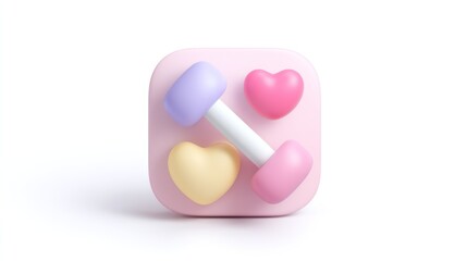 Soft 3D Fitness Icon With Abstract Dumbbell And Hearts &mdash; Pink Square Button Symbolizing Health, Wellness, Exercise, And Strong Lifestyle