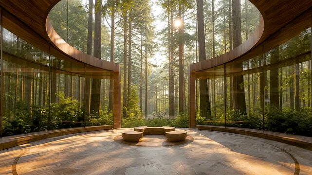 Modern glass pavilion nestled in forest with curved wooden architecture sunlight and tranquil seating blending nature and contemporary design