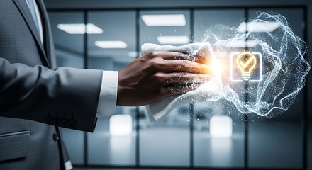 Obraz premium A businessman interacting with a glowing holographic lightbulb representing innovation and future technology in a modern office setting