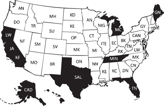 Black and white map of the United States with labeled regions and states