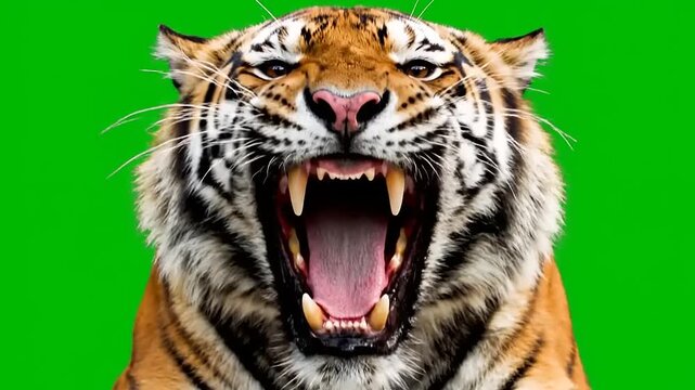 Powerful tiger roaring with an open mouth, sharp teeth exposed, showcasing fierce aggression on a bright green screen, ideal for visual effects and compositing
