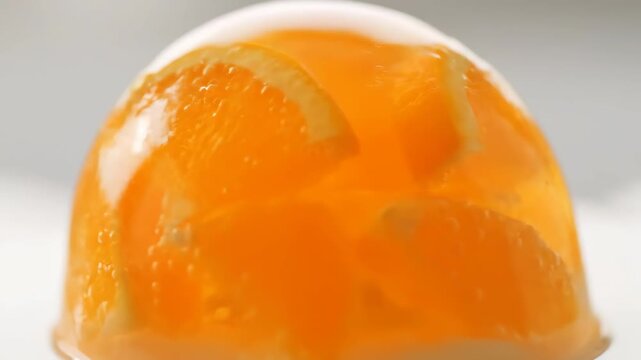 Macro Close-up of Vibrant Orange Gelatin Dessert with Mandarin Segments. Translucent Fruit Jello Pudding Sweet Treat.