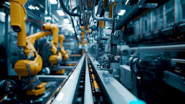 Automated industrial production line with robotic arms and conveyor system inside modern manufacturing facility showing precision engineering