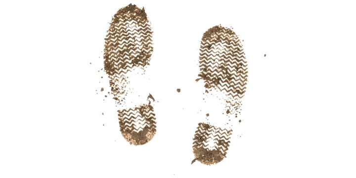 Two muddy footprints of a boot showing detailed tread isolated on a white background