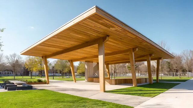 Modern wooden park pavilion with open roof structure set in green public space under clear blue sky showing sustainable outdoor architecture