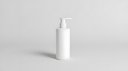 A white pump bottle stands alone on a plain grey surface viewed from a slight angle