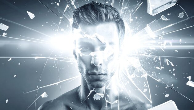 Man's face fragmented by shards, overlaid with an exploding light