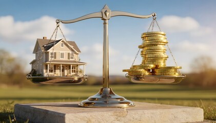House Versus Savings Balance Illustration, Representing Real Estate Investment Comparison, Financial Stability And Risk Assessment, Ideal For Commercial Use And Property