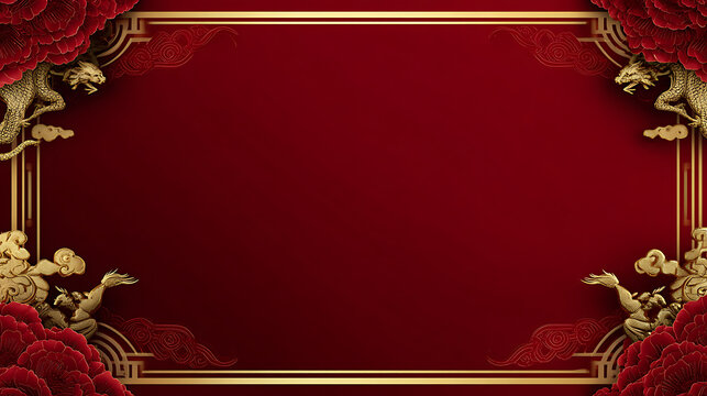 Luxury chinese background with oriental red peony flower border and gold dragon frame creates elegant festive background for celebration and traditional holiday design
