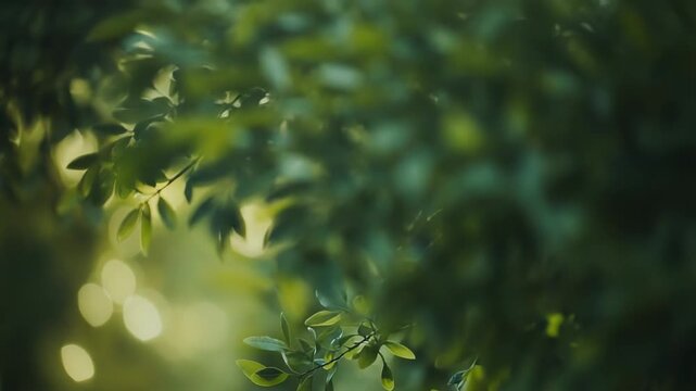 Green foliage and delicate branches bathed in warm sunlight, soft bokeh background creating a dreamy, fresh, organic feel perfect for nature and spring themes