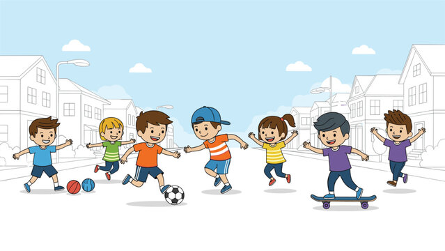 Group of happy diverse children plays together in a safe residential neighborhood street with houses and green trees.