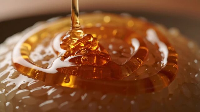 Macro slow motion close-up of thick golden honey or syrup being drizzled and poured onto a scoop of sweet sticky white rice dessert, creating a circular swirl pattern.