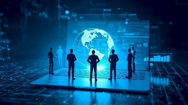 Global technology team analyzing holographic world data display inside advanced digital control room showing collaboration and strategic insight