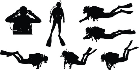 Set of scuba diver silhouettes in black showing underwater swimming poses for diving illustration, marine sports graphics, and vector design use