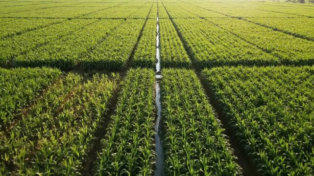 Lush green cornfield with irrigation canal on a sunny day