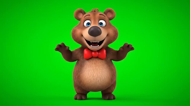 Cheerful cartoon bear wearing a red bow tie, with arms outstretched on a green screen background, ideal for animation and video projects