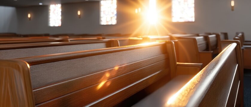 Sunlight streams through windows illuminating wooden church pews and creating a warm and inviting space for gathering and reflection