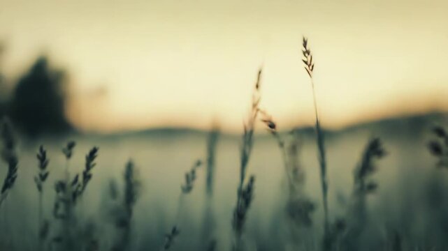 Tall green grass and slender stems sway in a tranquil meadow at golden hour, soft atmospheric light bathing the scene and evoking peaceful growth, countryside calm, and renewal