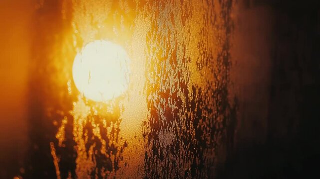 Warm light shining brightly through a window glass covered in condensed water droplets, creating an abstract texture of an orange and yellow glow for a vibrant background