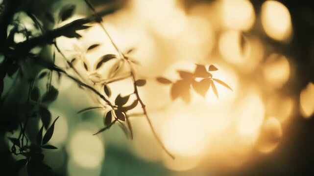 Delicate leaves and branches creating an organic frame, catching warm sun rays and generating soft, luminous bokeh circles in a tranquil nature background