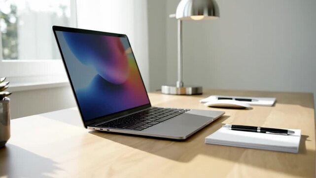 Modern workspace setup laptop desk and accessories in bright room