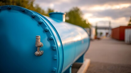 A large bright blue industrial storage tank with a prominent valve stands outdoors during the golden hour sunset