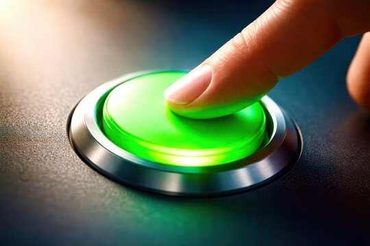 A green button with a finger on it