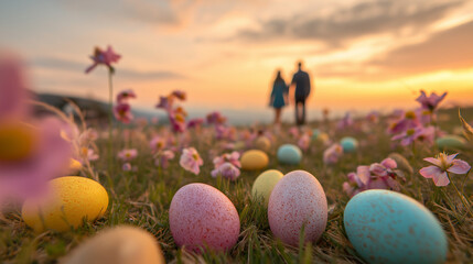 Pastel Easter eggs scattered across a spring flower field as a woman and a man walk romantically under soft sunlight