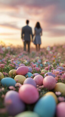 Pastel Easter eggs scattered across a spring flower field as a woman and a man walk romantically under soft sunlight
