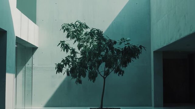Minimalist architectural courtyard featuring a green tree reflecting in a tranquil indoor water pool, contrasting natural elements with clean concrete walls and strong sunlight shadows