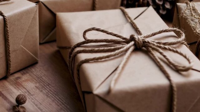 Rustic gift wrapping with pine cones and string on wooden table