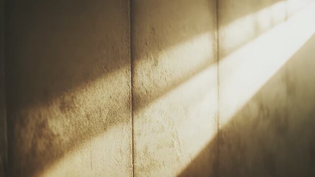Warm sunlight illuminating a rough textured plaster wall, creating strong diagonal lines of light and shadow, evoking concepts of hope, contemplation, and atmospheric solitude