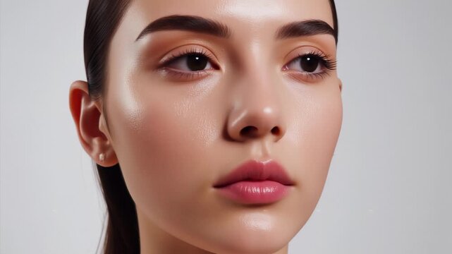 Professional 4k beauty shot of a Chinese model focusing on cheekbones and highlighter makeup with prism light effects hitting high points of the face.
