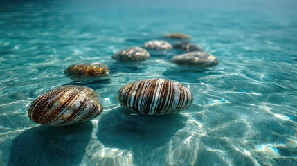 Shallow Water View with Scattered Sea Shells over Sandy Bottom Featuring Light and Shadow Patterns and Clear Turquoise Water