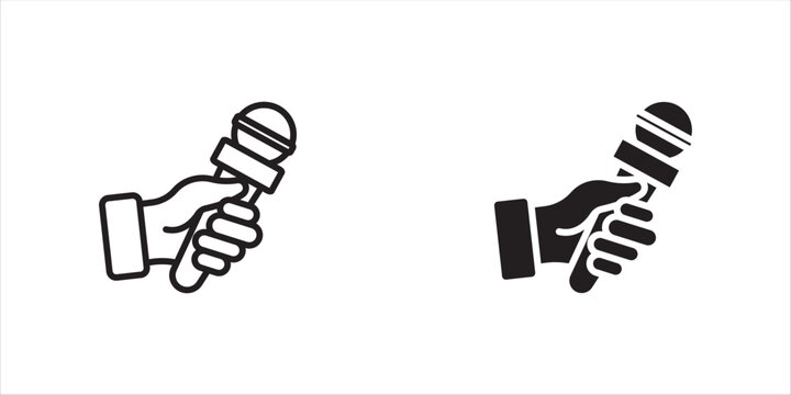 Hand holding microphone, linear icon set. Interview speech and audio recording. Line with editable stroke, vector illustration.