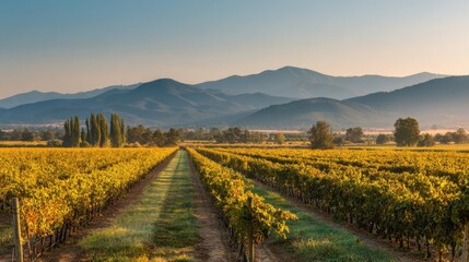 Fototapeta premium Rows of lush grapevines stretch across the landscape, framed by majestic mountains. The warm glow of sunset bathes the vineyard, creating a peaceful countryside scene.