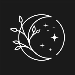 Moon and Leaves logo Line Art &ndash; Botanical Celestial Nature Illustration
