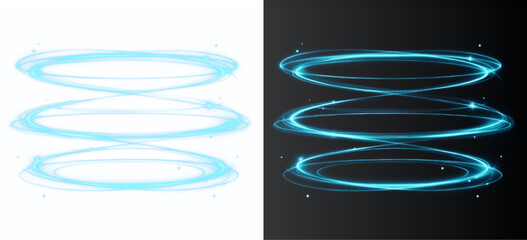 Glowing blue circles on a dark and white background. Fast-paced motion concept. PNG image of a glowing neon ring, swirl, magic spiral, light effect. Modern transparent fantasy PNG. © Alehandro