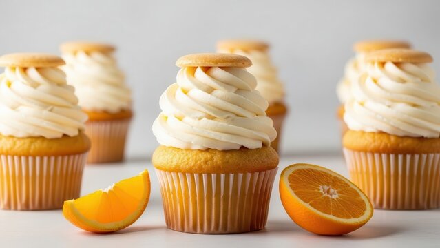 Bright orange cupcakes with creamy vanilla frosting and a cookie garnish, presented with fresh orange slices on a light background for a vibrant citrus dessert